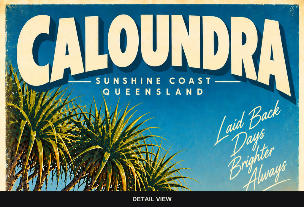 Caloundra retro travel poster, digital print, standard print size and format guide