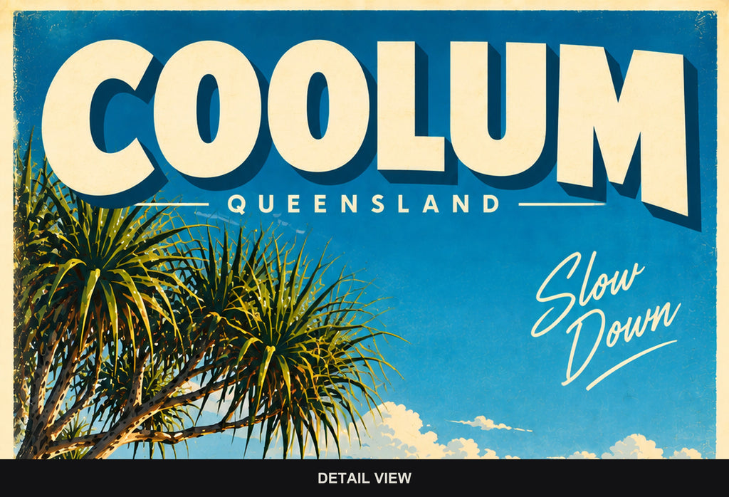 Coolum retro travel poster, digital print, standard print size and format guide