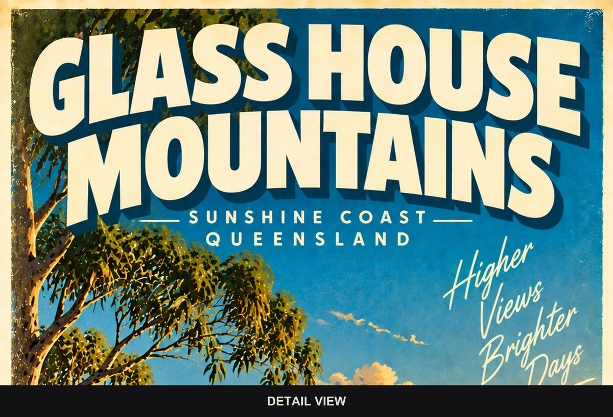 Glass House Mountains retro travel poster, digital print, standard print size and format guide