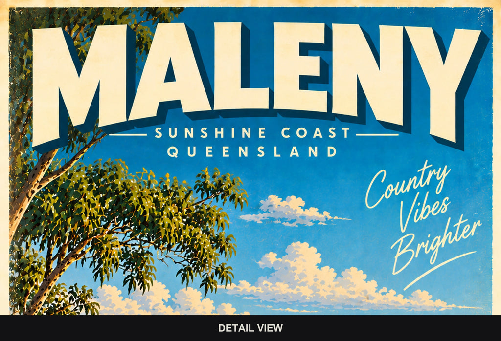 Maleny retro travel poster, digital print, standard print size and format guide
