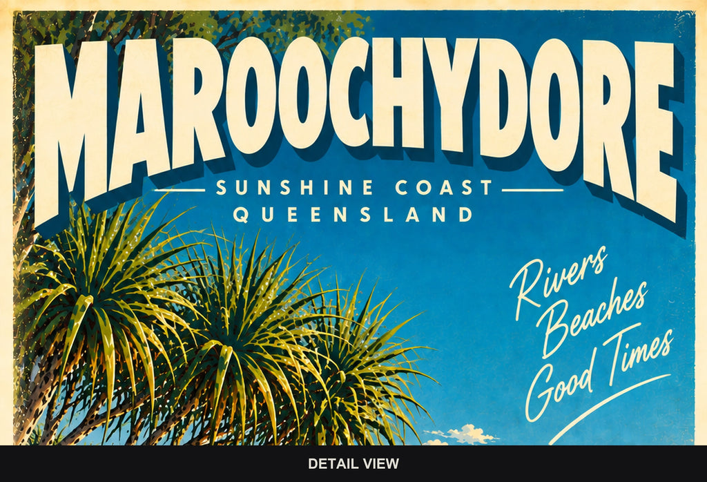 Maroochydore retro travel poster, digital print, standard print size and format guide