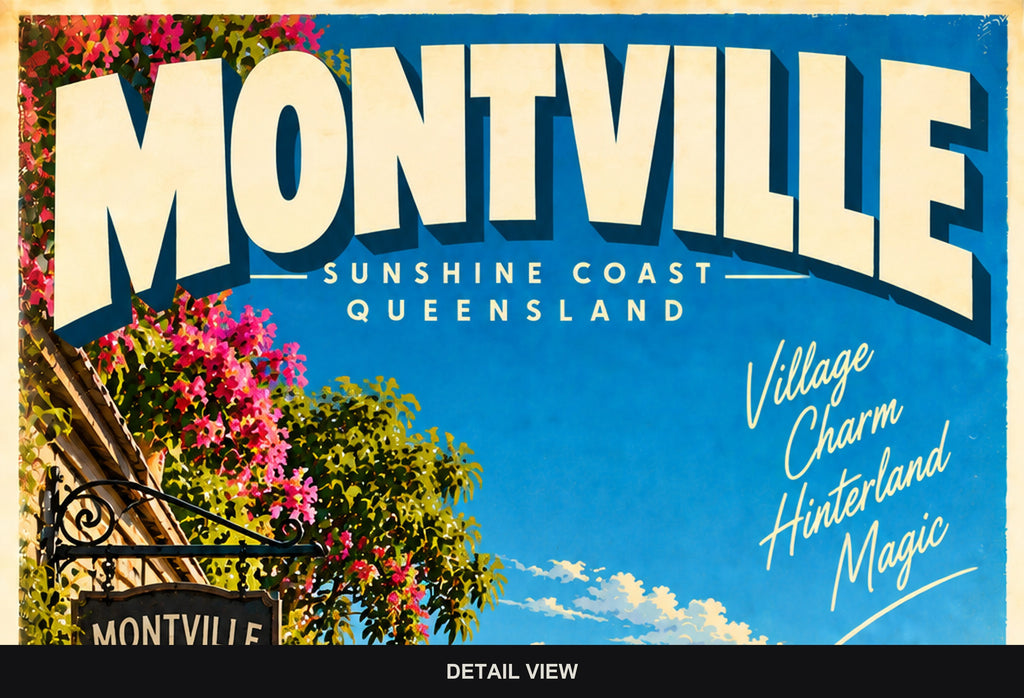 Montville retro travel poster, digital print, standard print size and format guide