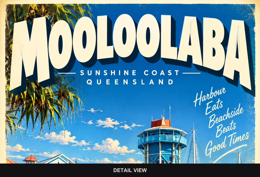 Mooloolaba retro travel poster, digital print, standard print size and format guide