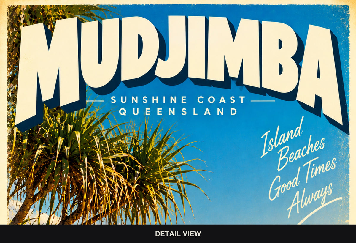 Mudjimba retro travel poster, digital print, standard print size and format guide
