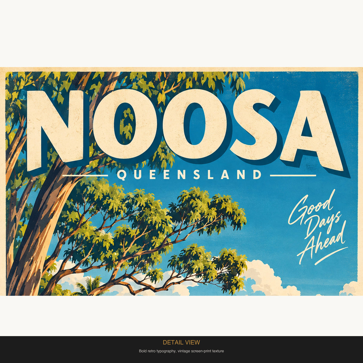 Noosa retro travel poster, digital print, standard print size and format guide