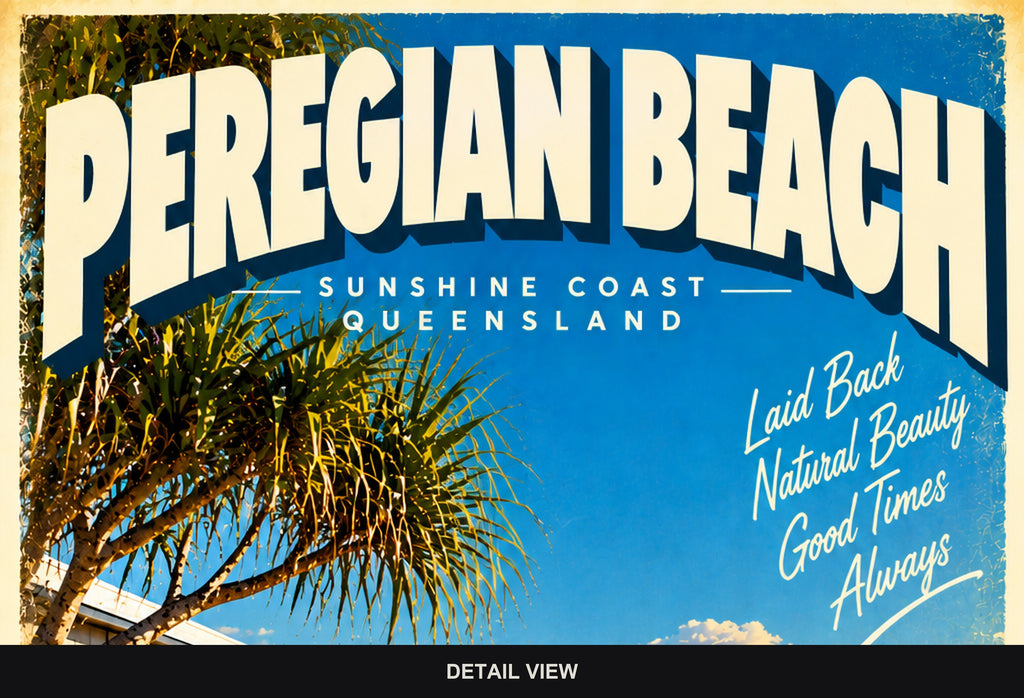 Peregian Beach retro travel poster, digital print, standard print size and format guide