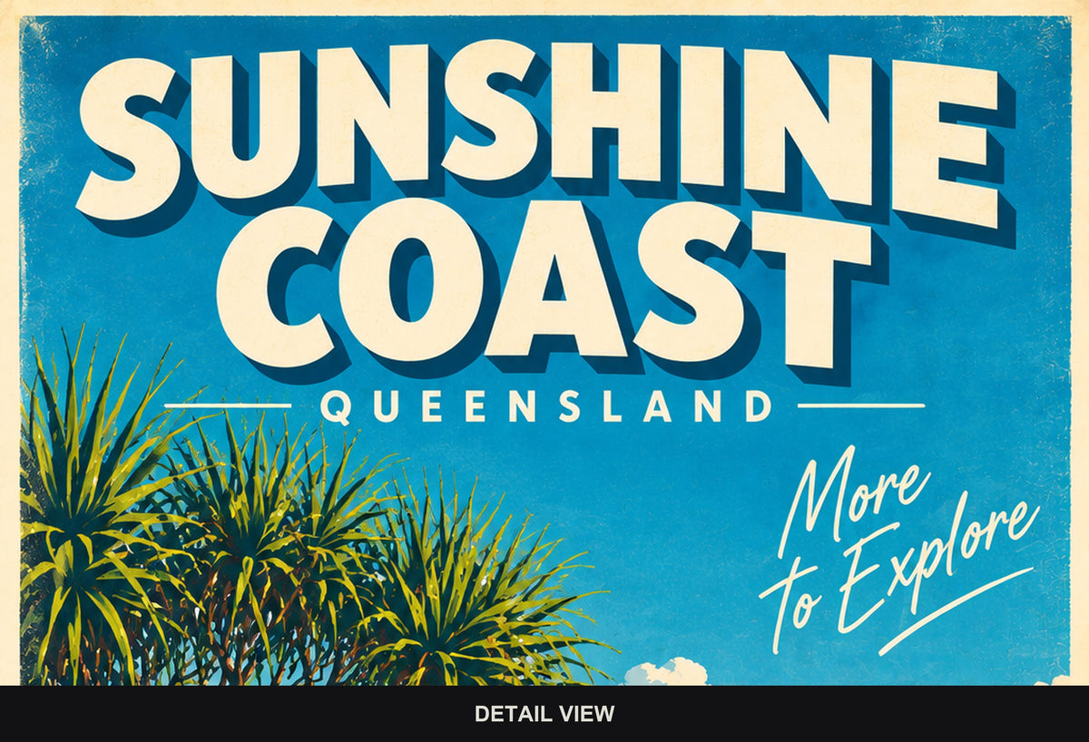 Sunshine Coast retro travel poster, digital print, standard print size and format guide
