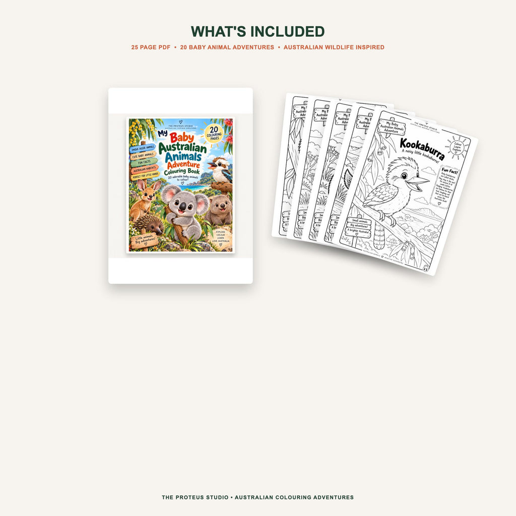 My Baby Australian Animals Adventure Colouring Book - The Proteus Studio, 20 printable baby animal colouring pages