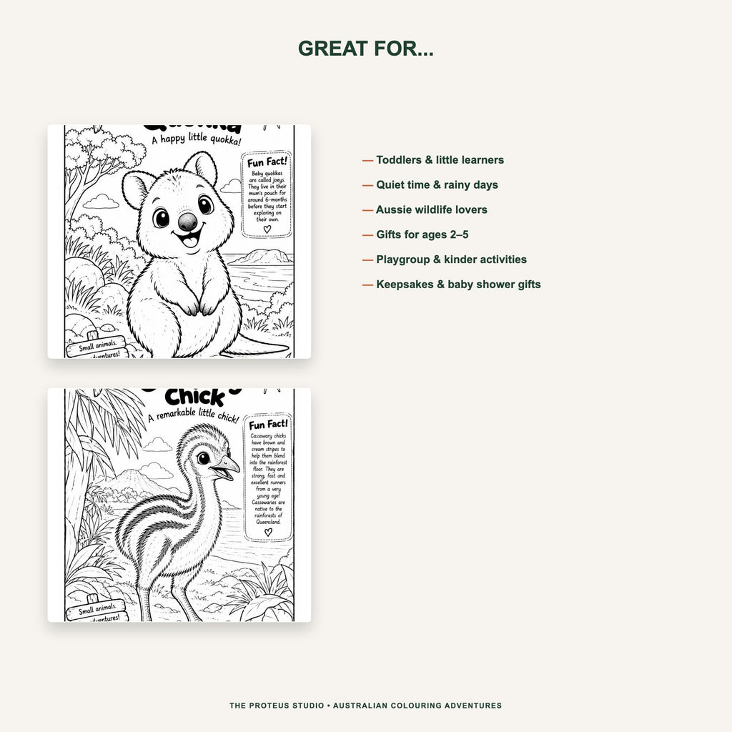 My Baby Australian Animals Adventure Colouring Book - The Proteus Studio, 20 printable baby animal colouring pages
