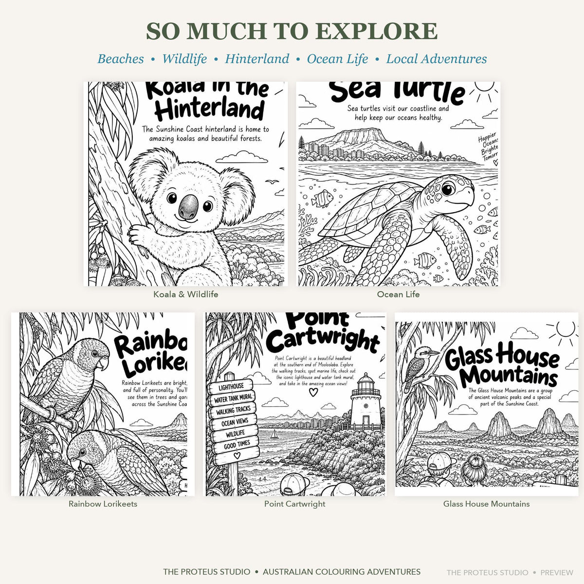 My Sunshine Coast Adventure Colouring Book - The Proteus Studio, 20 printable colouring pages of Sunshine Coast beaches and wildlife