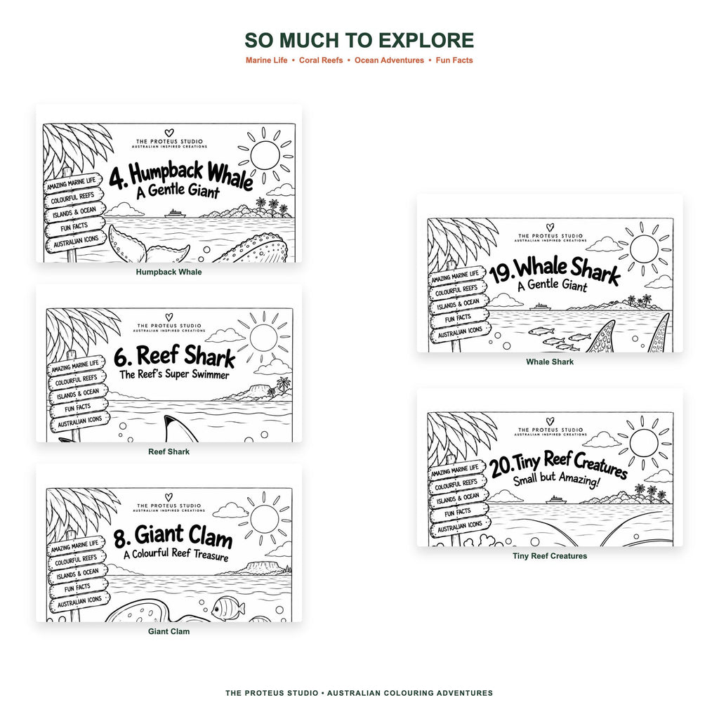 My Great Barrier Reef Adventure Colouring Book - The Proteus Studio, 20 printable colouring pages of reef animals
