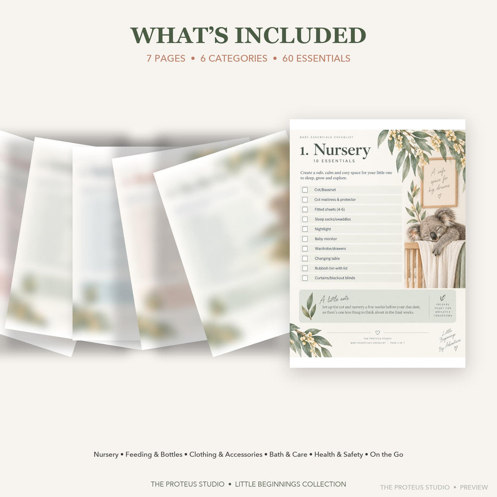 Baby Essentials Checklist printable - Little Beginnings Big Adventures, The Proteus Studio, Australian baby checklist