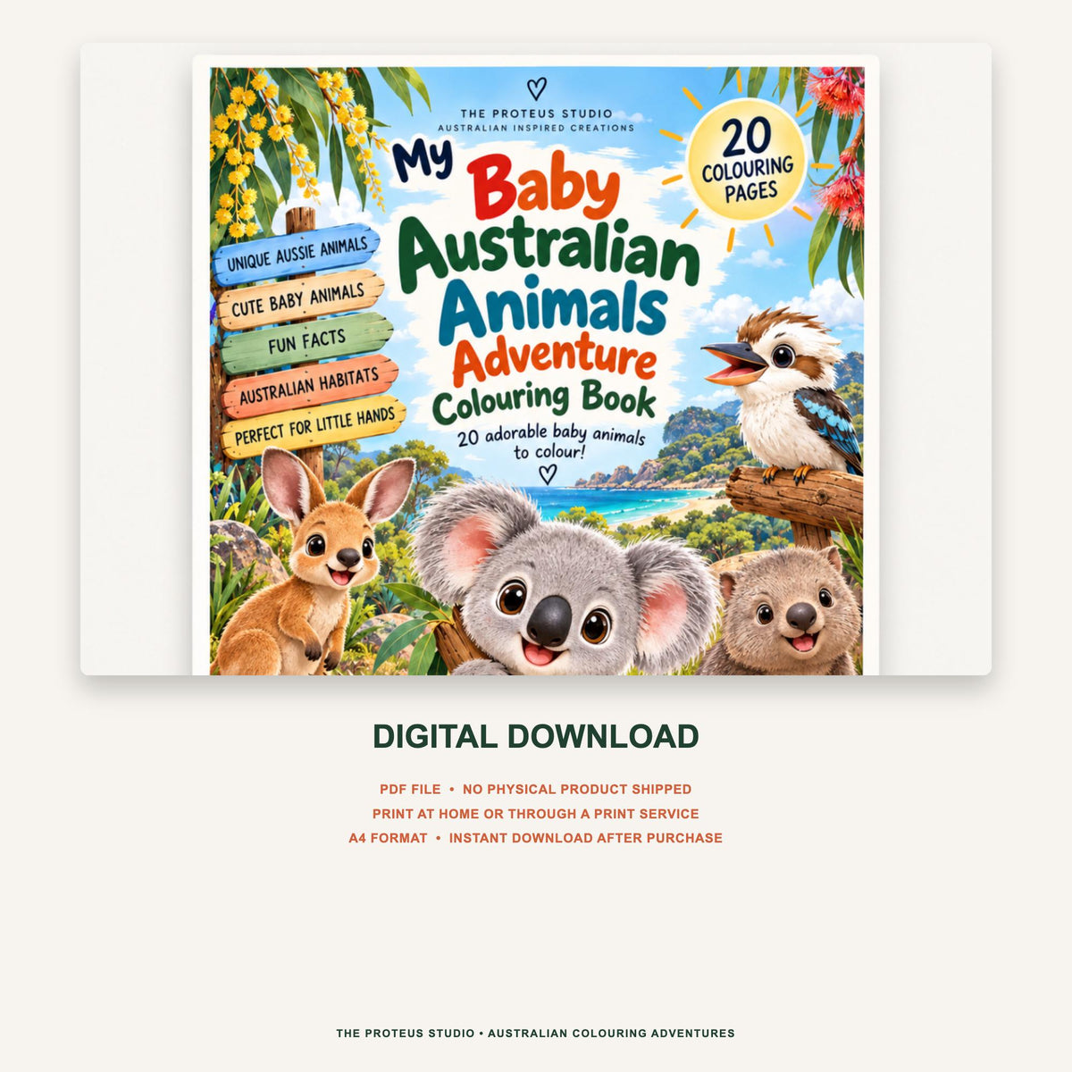 My Baby Australian Animals Adventure Colouring Book - The Proteus Studio, 20 printable baby animal colouring pages