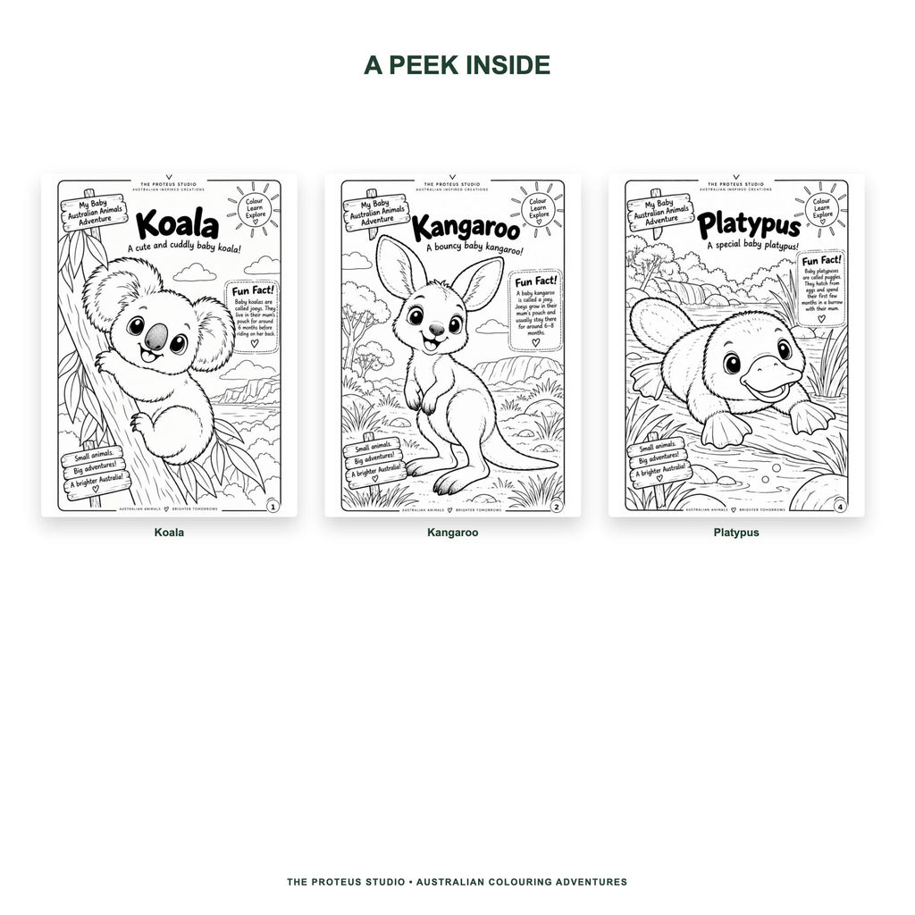 My Baby Australian Animals Adventure Colouring Book - The Proteus Studio, 20 printable baby animal colouring pages