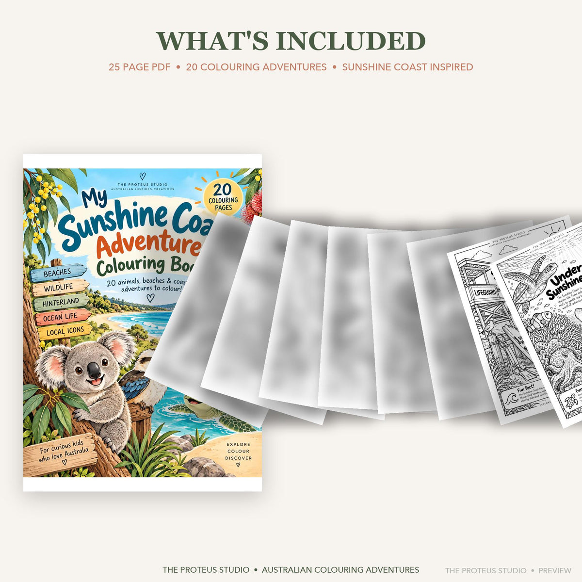 My Sunshine Coast Adventure Colouring Book - The Proteus Studio, 20 printable colouring pages of Sunshine Coast beaches and wildlife