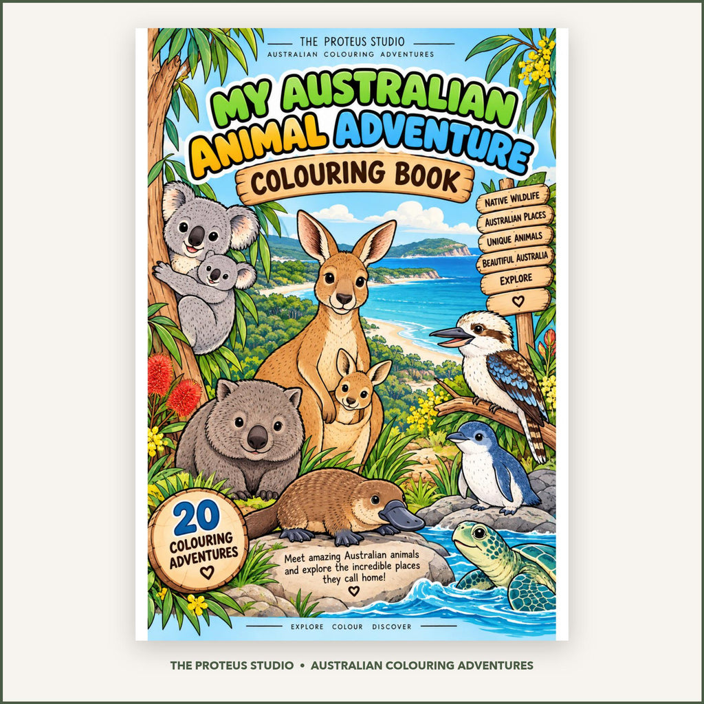 Australian Animals Kids Colouring Book front cover, native wildlife colouring adventures for kids