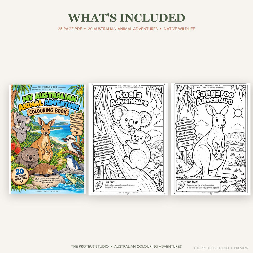 Sample colouring page from Australian Animals Kids Colouring Book featuring native Australian wildlife