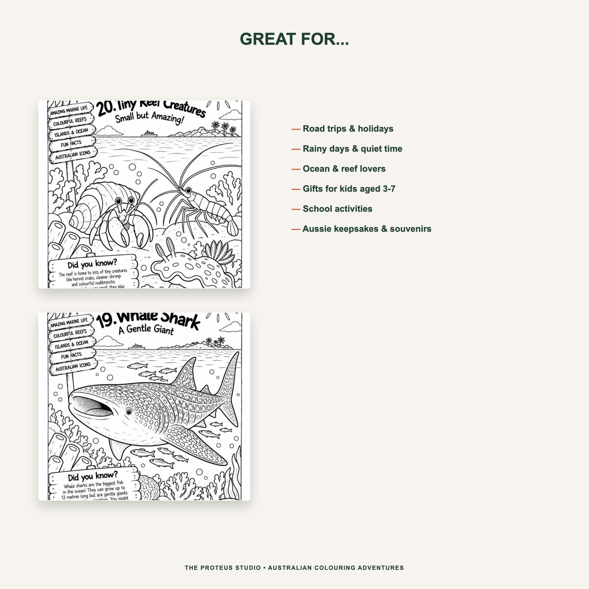 My Great Barrier Reef Adventure Colouring Book - The Proteus Studio, 20 printable colouring pages of reef animals