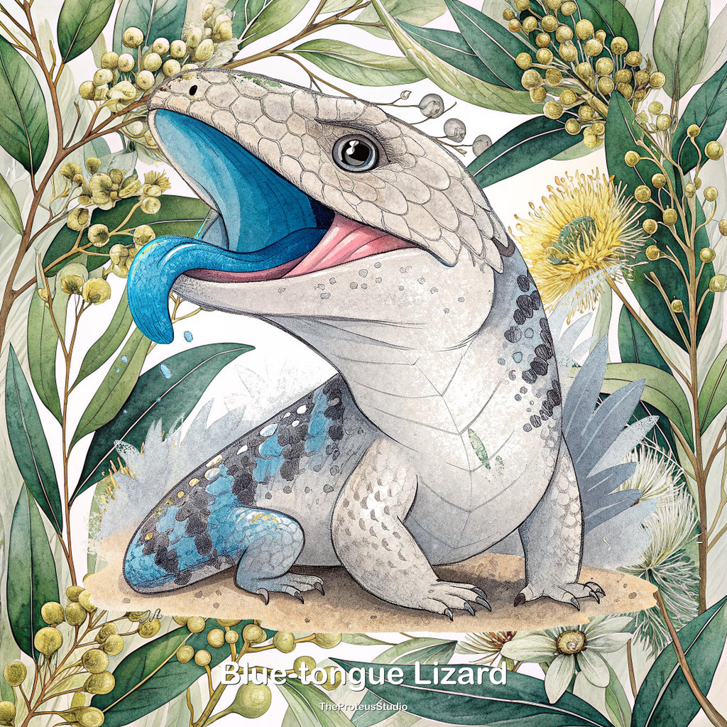 Blue-tongue Lizard nursery print, Australian botanical wall art, additional angle