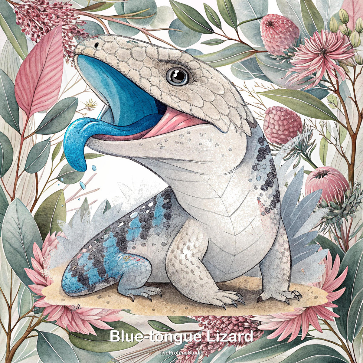 Blue-tongue Lizard nursery print, Australian botanical wall art, additional angle
