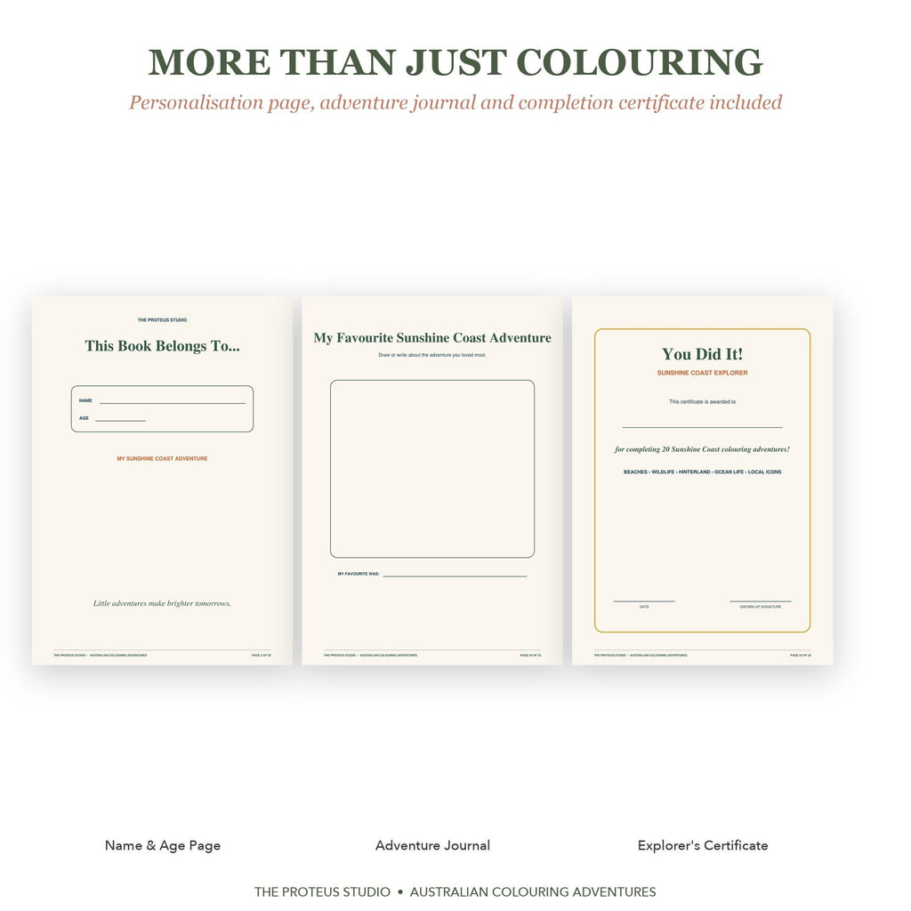 My Sunshine Coast Adventure Colouring Book - The Proteus Studio, 20 printable colouring pages of Sunshine Coast beaches and wildlife