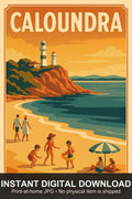 Caloundra Digital Print, retro travel poster wall art of Caloundra lighthouse and beach