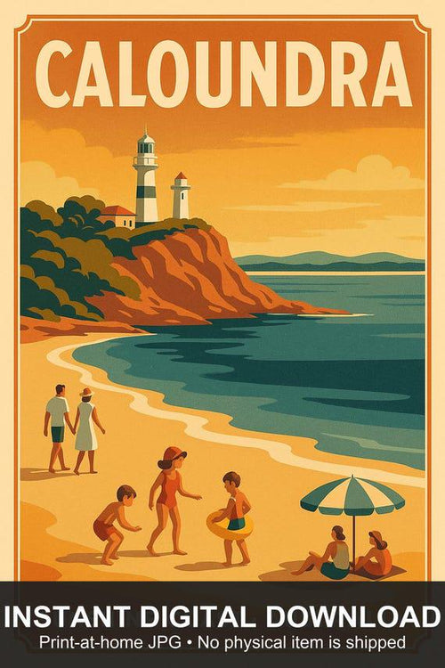 Caloundra Digital Print, retro travel poster wall art of Caloundra lighthouse and beach