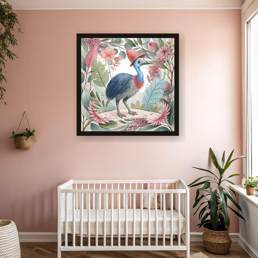 Cassowary nursery print, Australian botanical wall art, pink and sage colourway