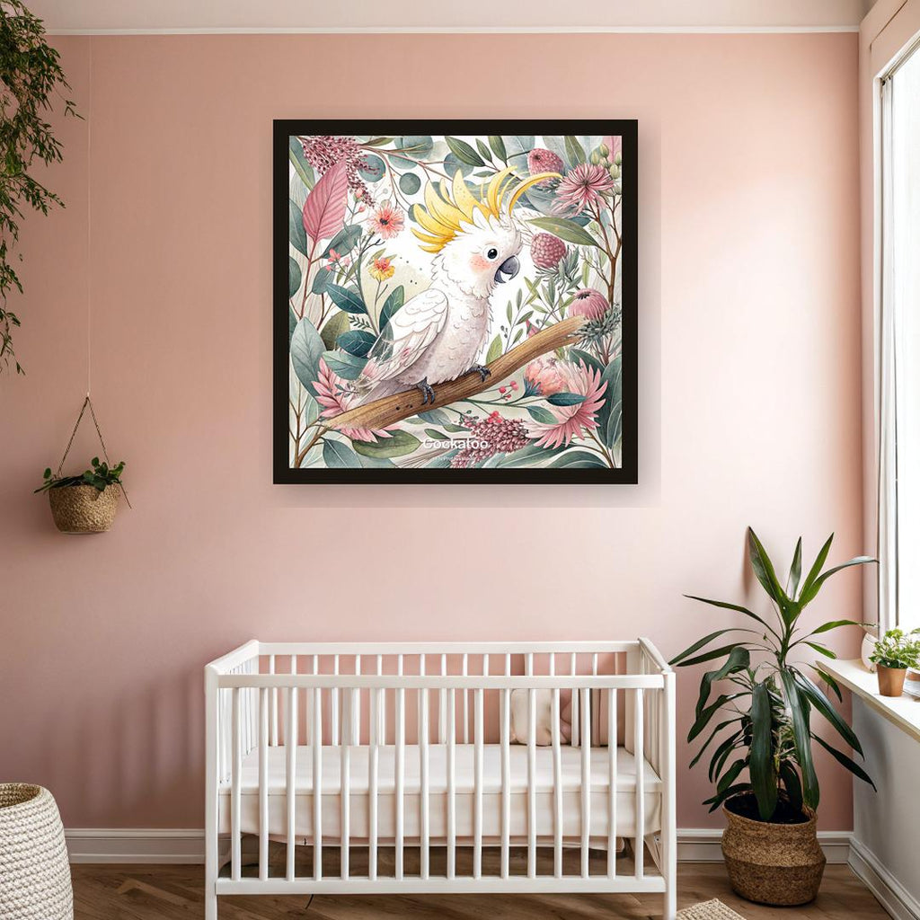 Cockatoo nursery print, Australian botanical wall art, pink and sage colourway