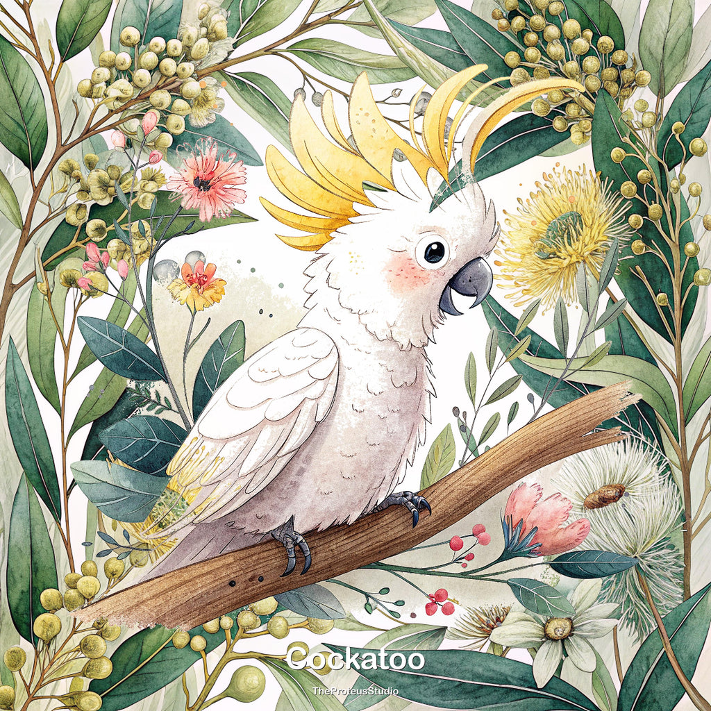 Cockatoo nursery print, Australian botanical wall art, additional angle