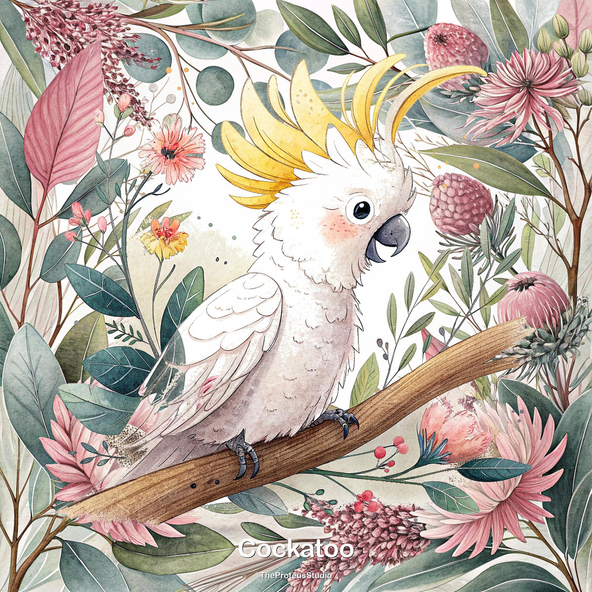 Cockatoo nursery print, Australian botanical wall art, additional angle