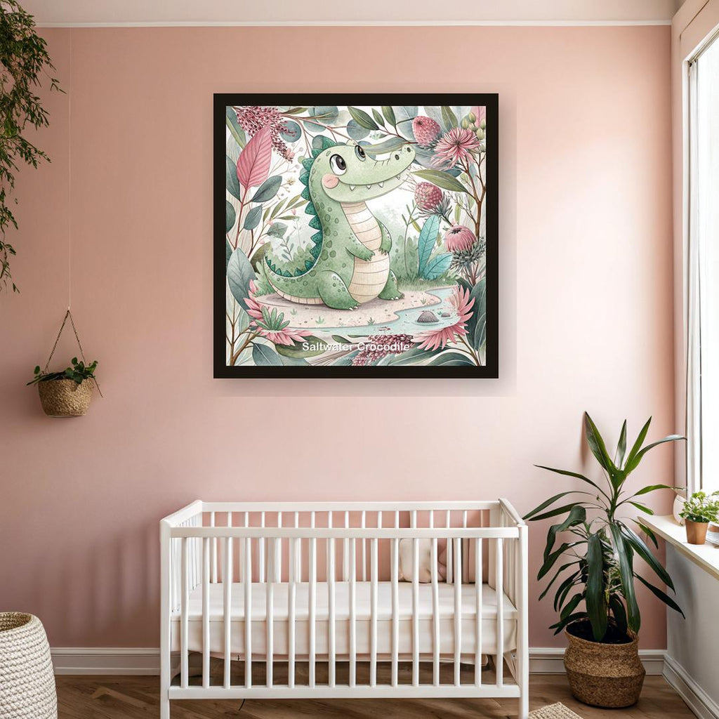 Saltwater Crocodile nursery print, Australian botanical wall art, pink and sage colourway