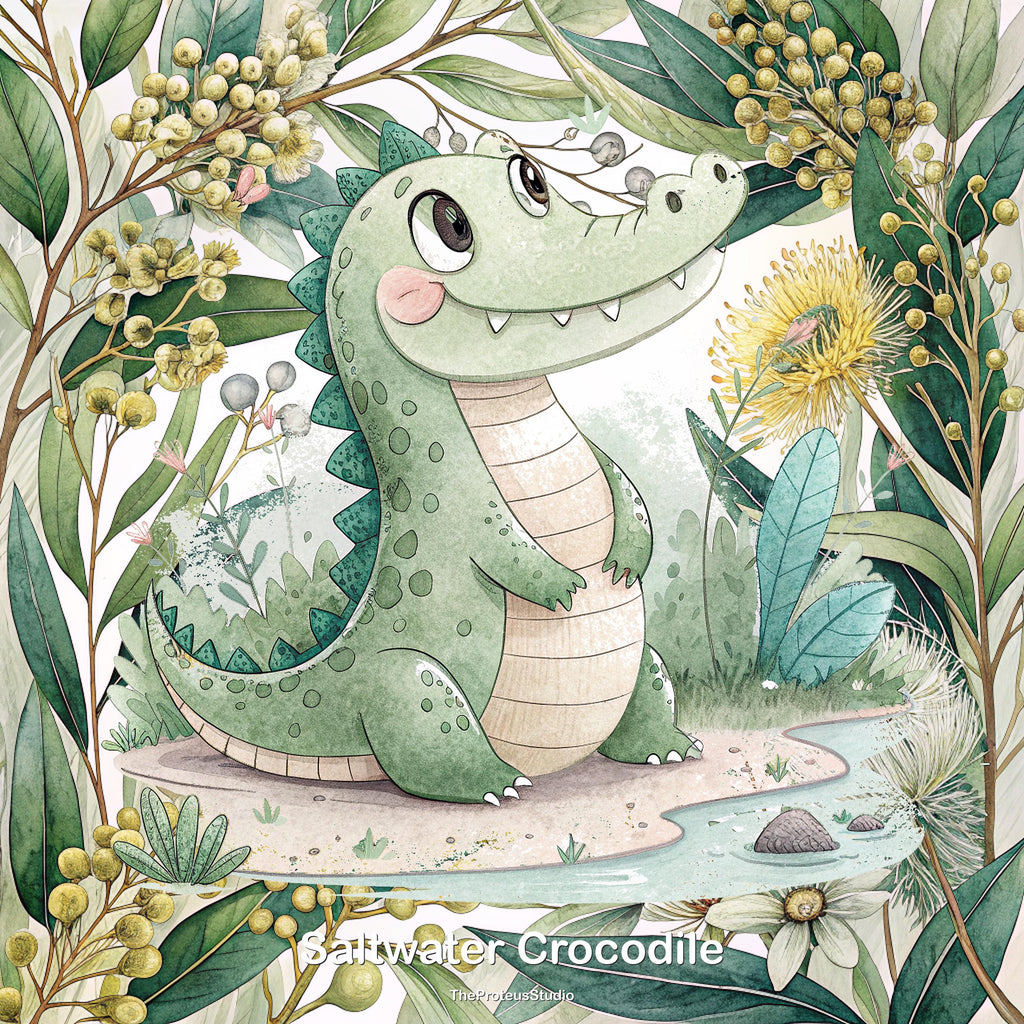 Saltwater Crocodile nursery print, Australian botanical wall art, additional angle