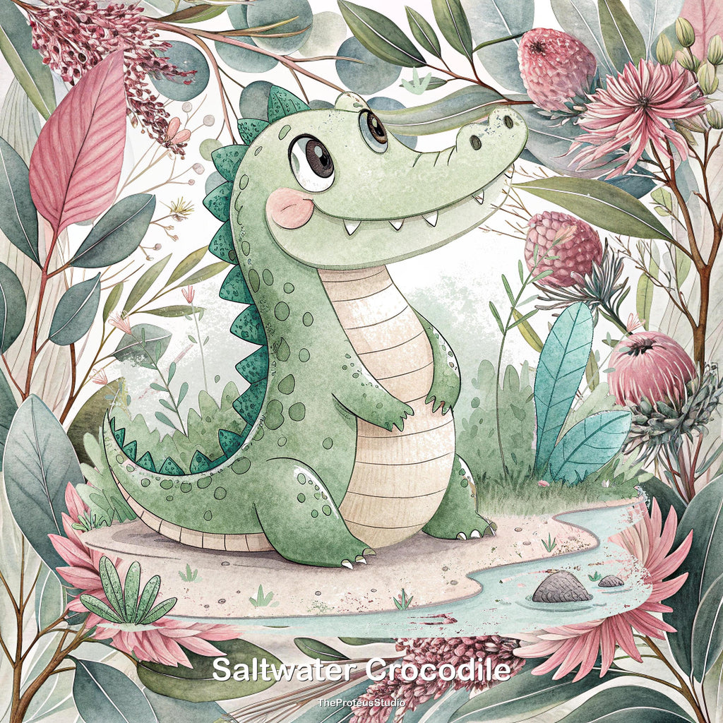 Saltwater Crocodile nursery print, Australian botanical wall art, additional angle