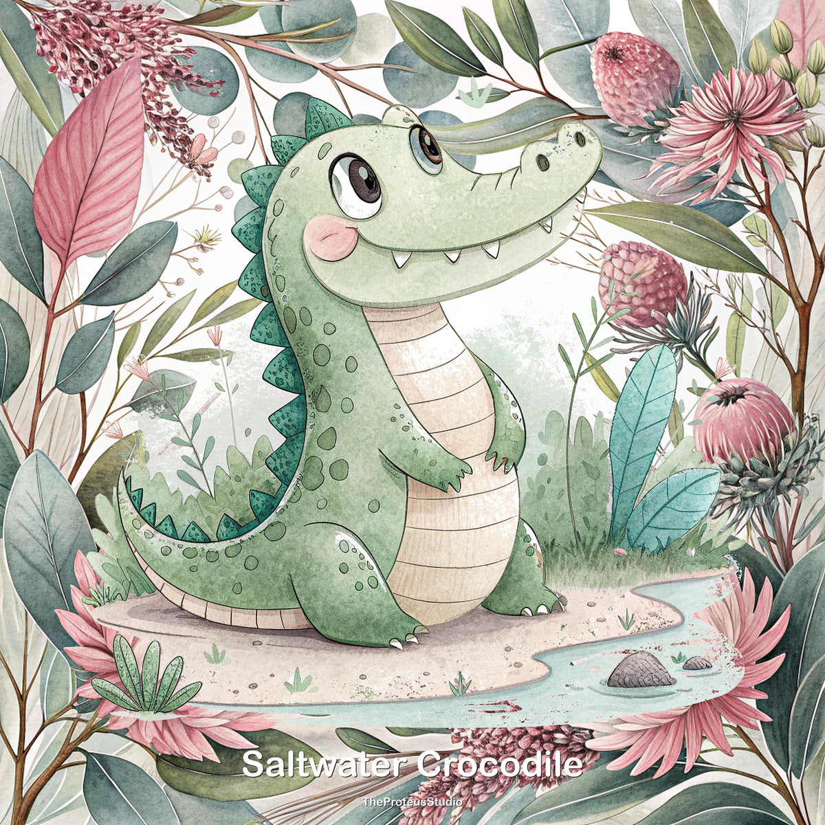 Saltwater Crocodile nursery print, Australian botanical wall art, additional angle