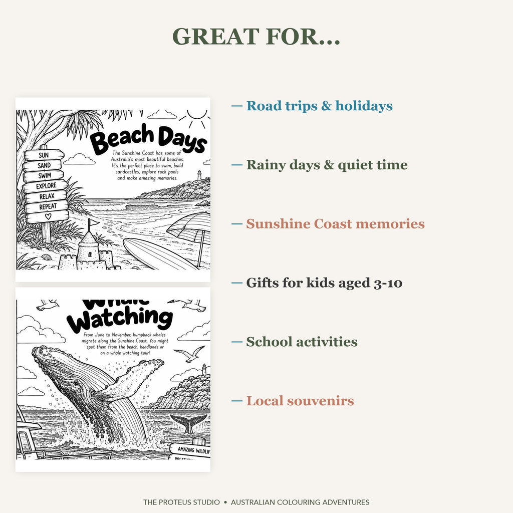 My Sunshine Coast Adventure Colouring Book - The Proteus Studio, 20 printable colouring pages of Sunshine Coast beaches and wildlife