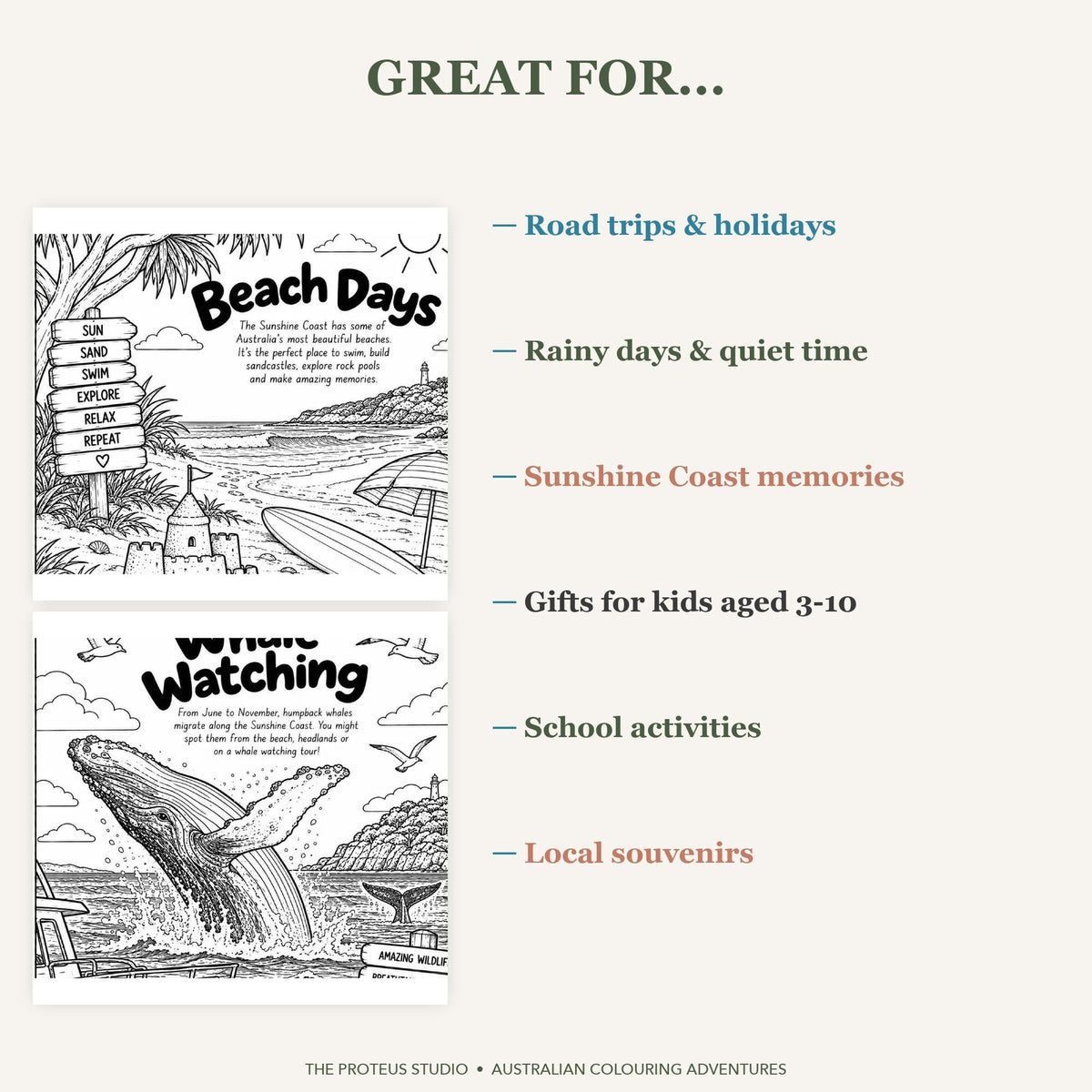 My Sunshine Coast Adventure Colouring Book - The Proteus Studio, 20 printable colouring pages of Sunshine Coast beaches and wildlife