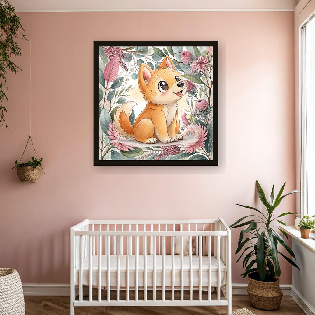 Dingo nursery print, Australian botanical wall art, pink and sage colourway