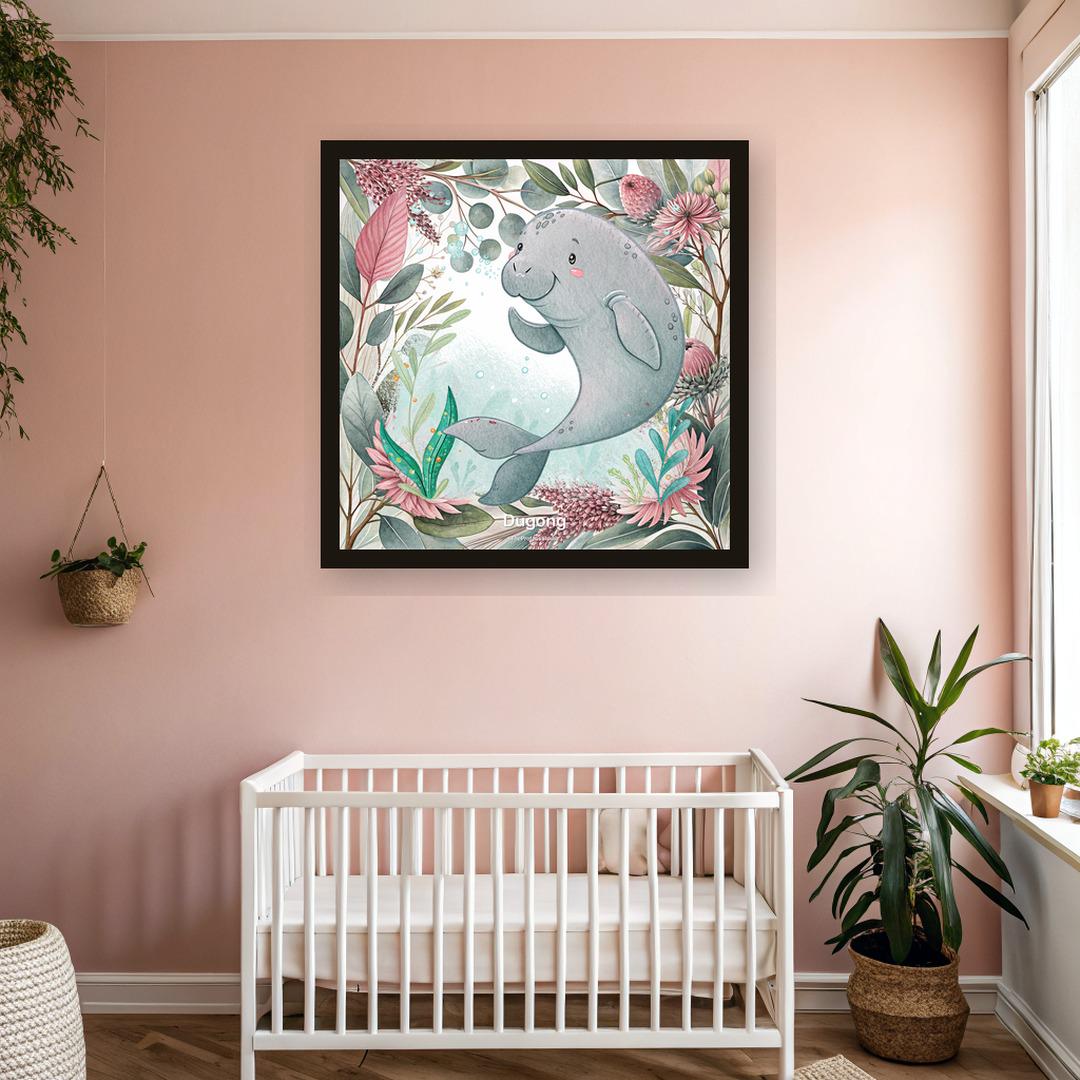 Dugong nursery print, Australian botanical wall art, pink and sage colourway