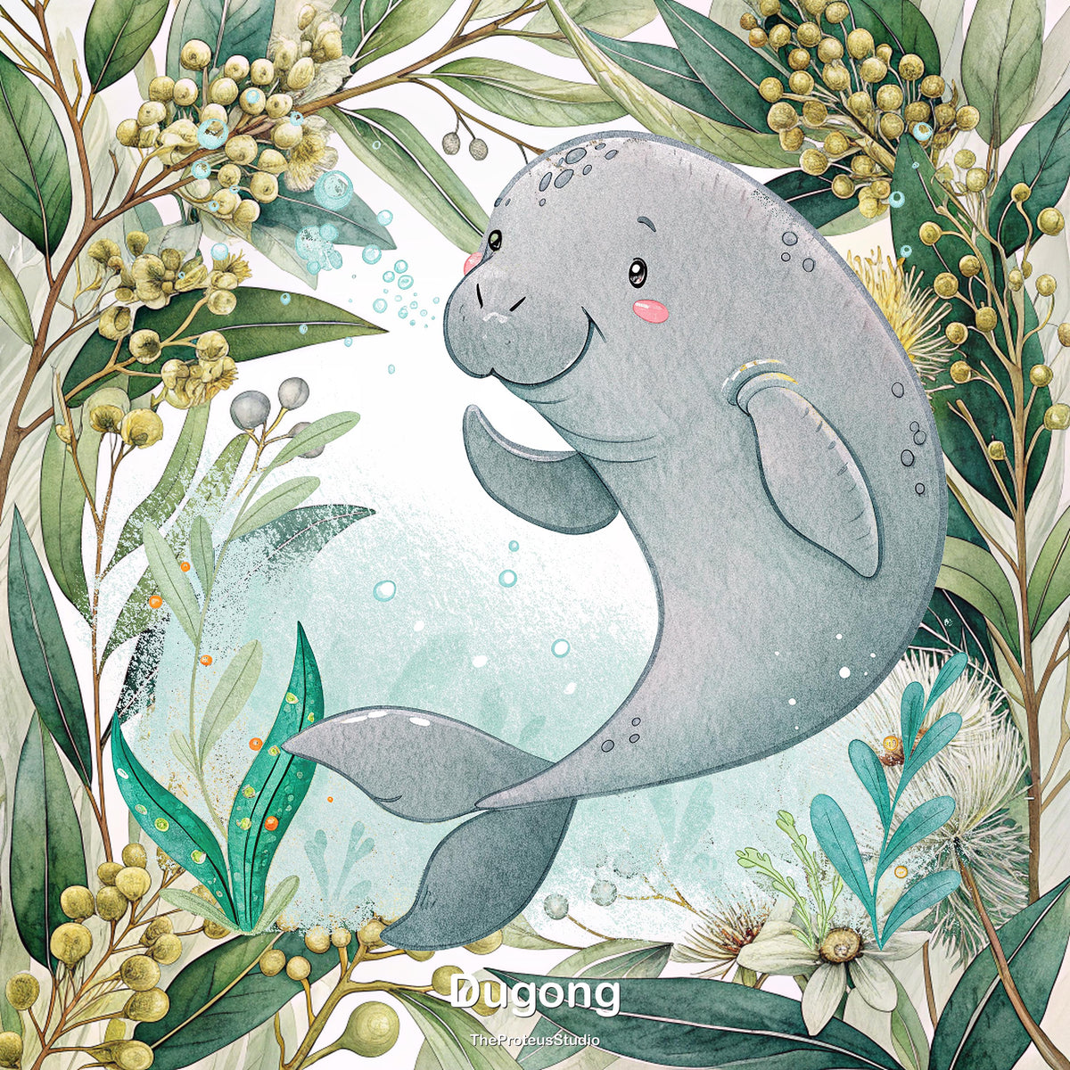 Dugong nursery print, Australian botanical wall art, additional angle