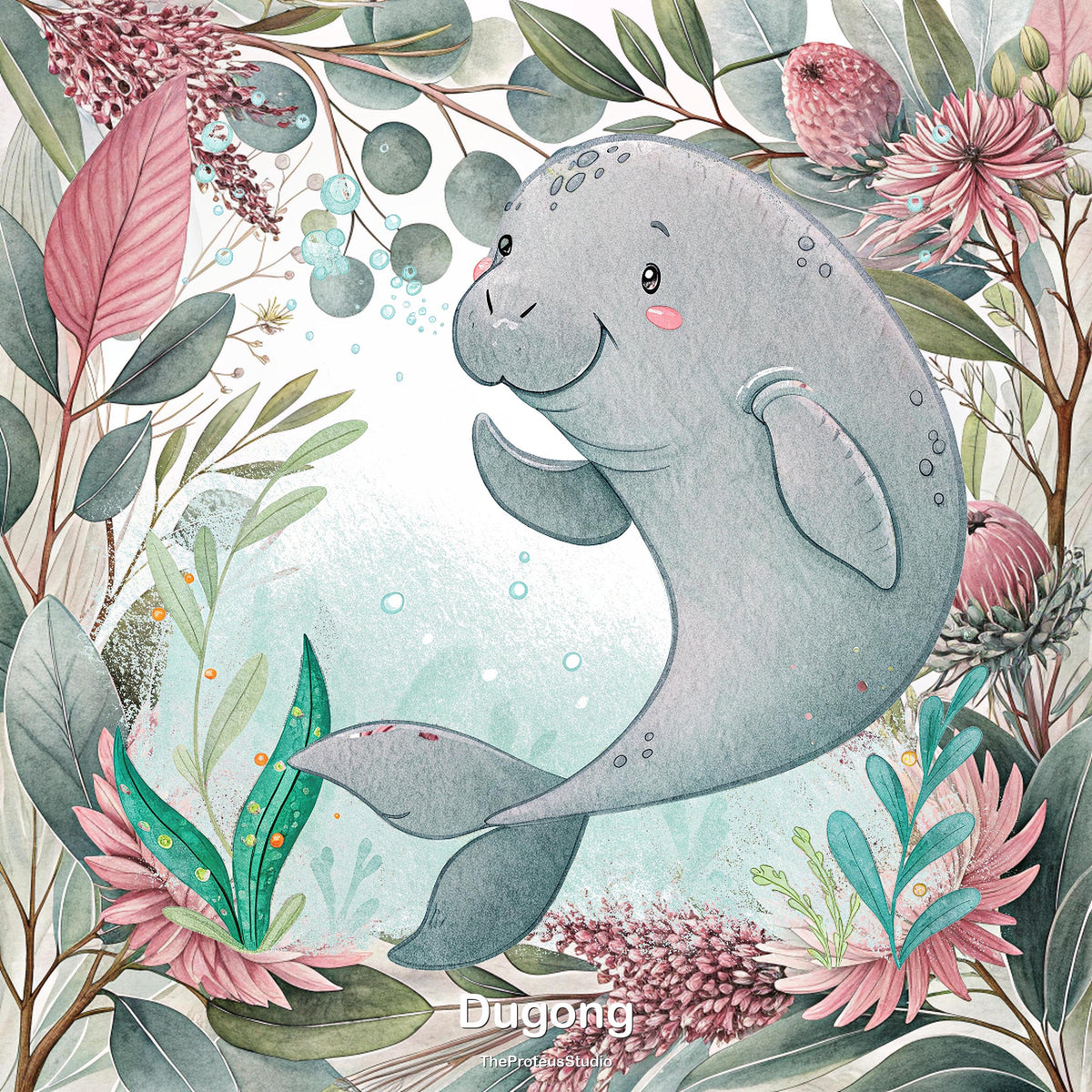 Dugong nursery print, Australian botanical wall art, additional angle