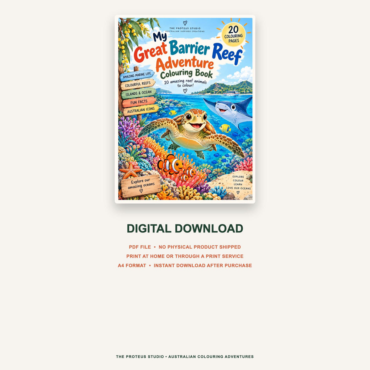My Great Barrier Reef Adventure Colouring Book - The Proteus Studio, 20 printable colouring pages of reef animals