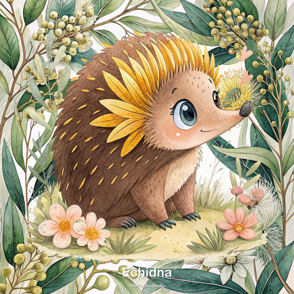 Echidna nursery print, Australian botanical wall art, additional angle