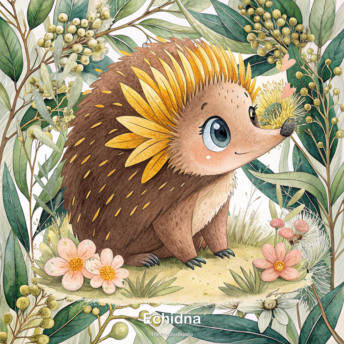 Echidna nursery print, Australian botanical wall art, additional angle
