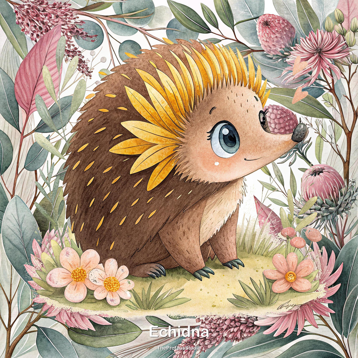 Echidna nursery print, Australian botanical wall art, additional angle