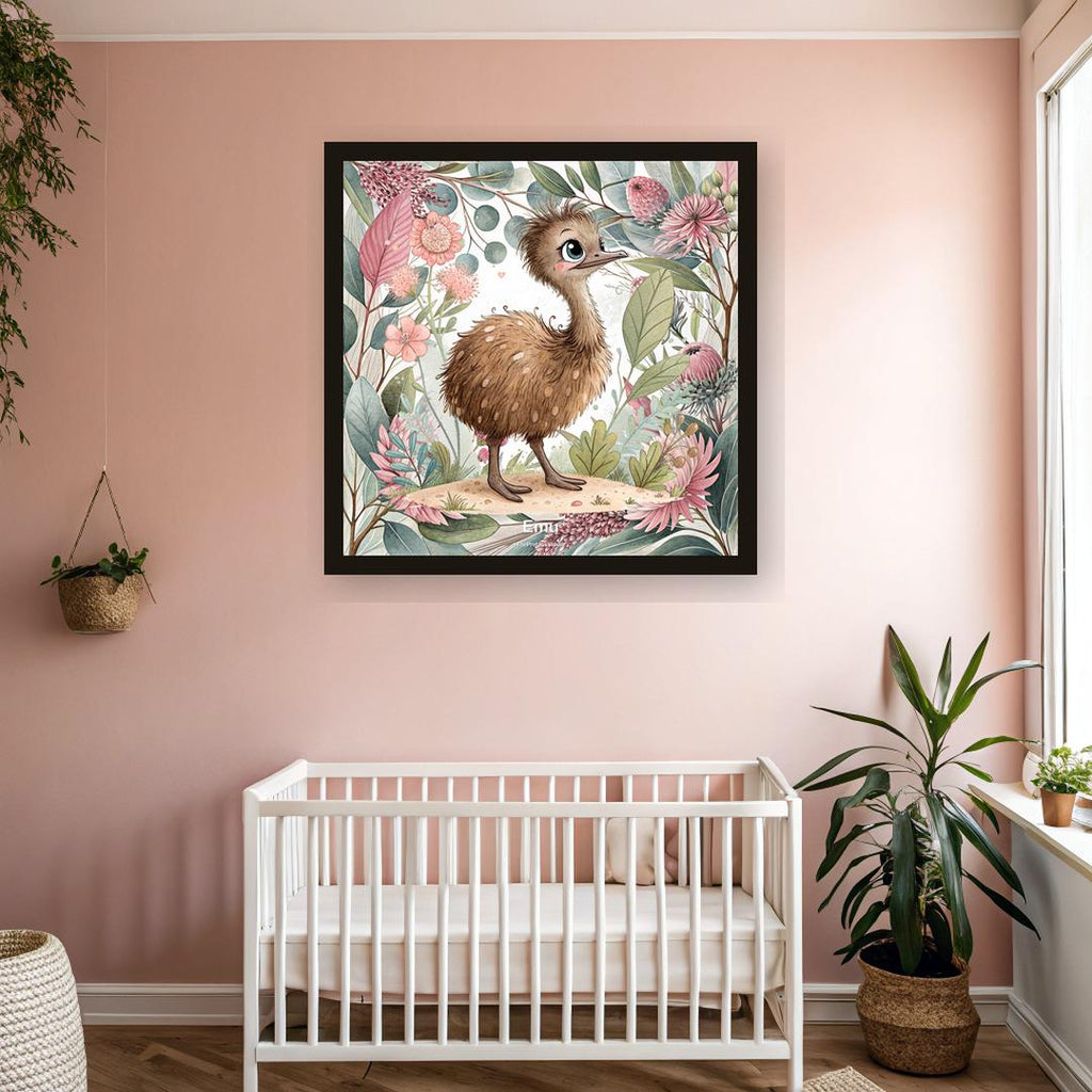 Emu nursery print, Australian botanical wall art, pink and sage colourway