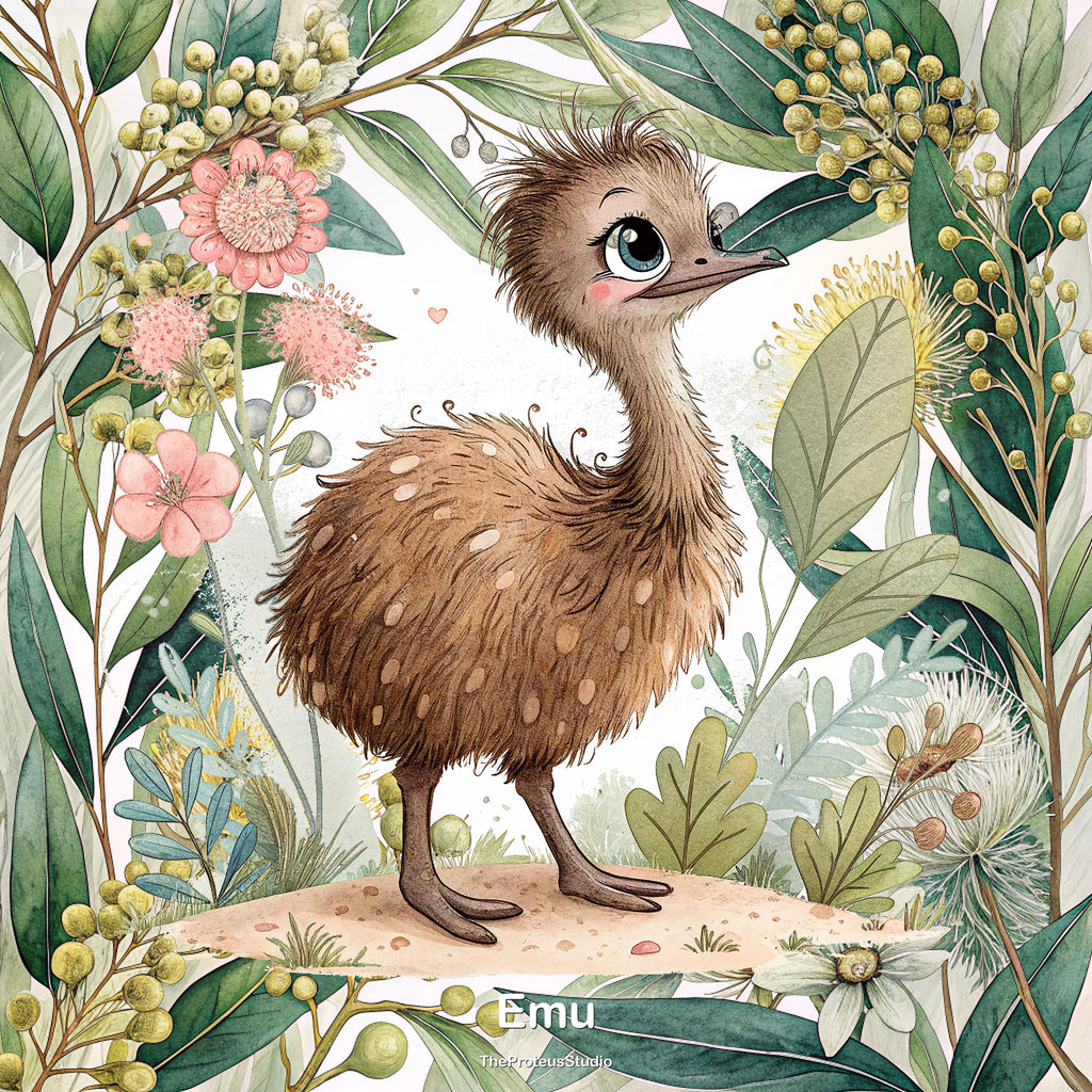 Emu nursery print, Australian botanical wall art, additional angle