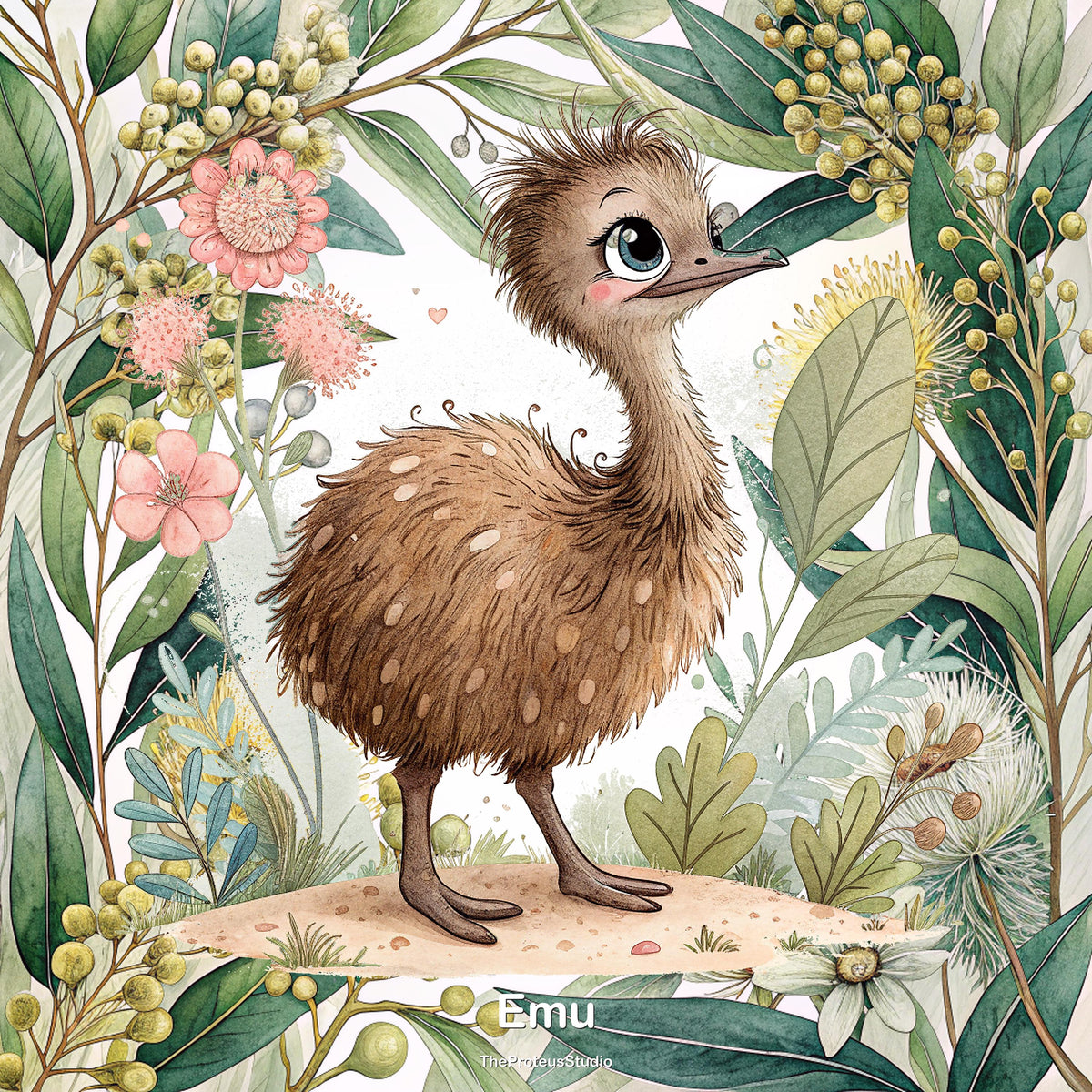 Emu nursery print, Australian botanical wall art, additional angle