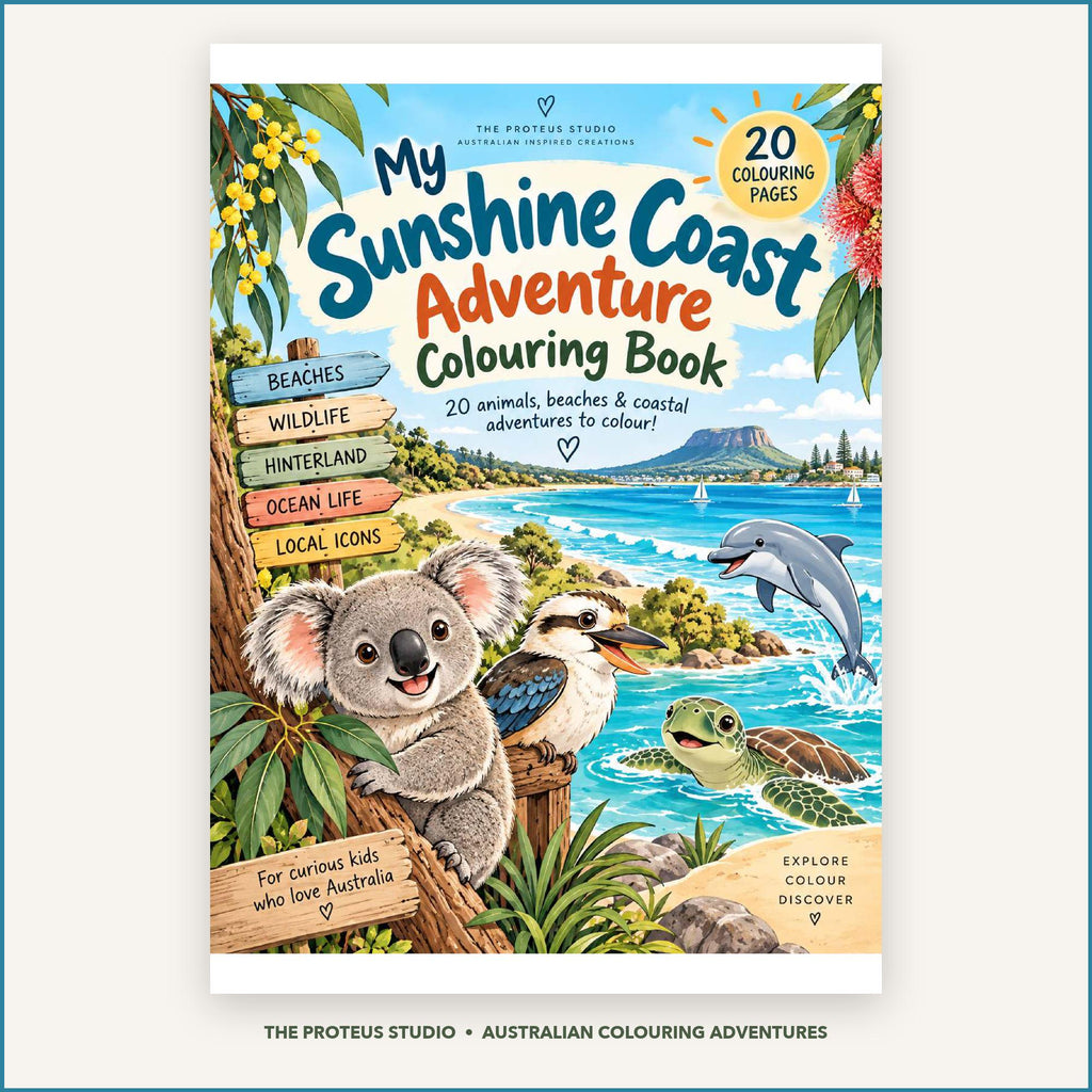 My Sunshine Coast Adventure Colouring Book - The Proteus Studio, 20 printable colouring pages of Sunshine Coast beaches and wildlife