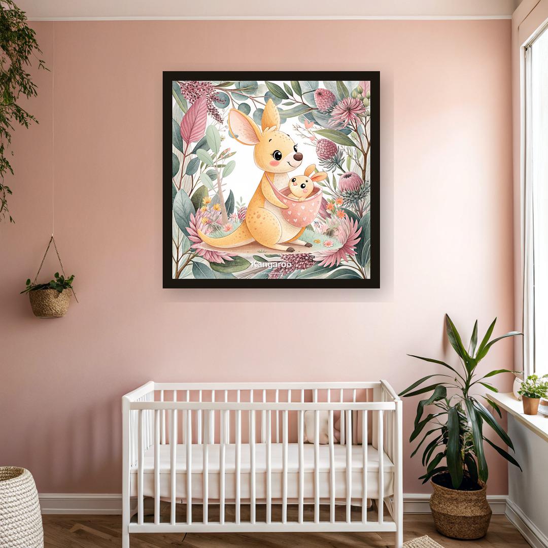 Kangaroo nursery print, pink variant, Australian botanical wall art